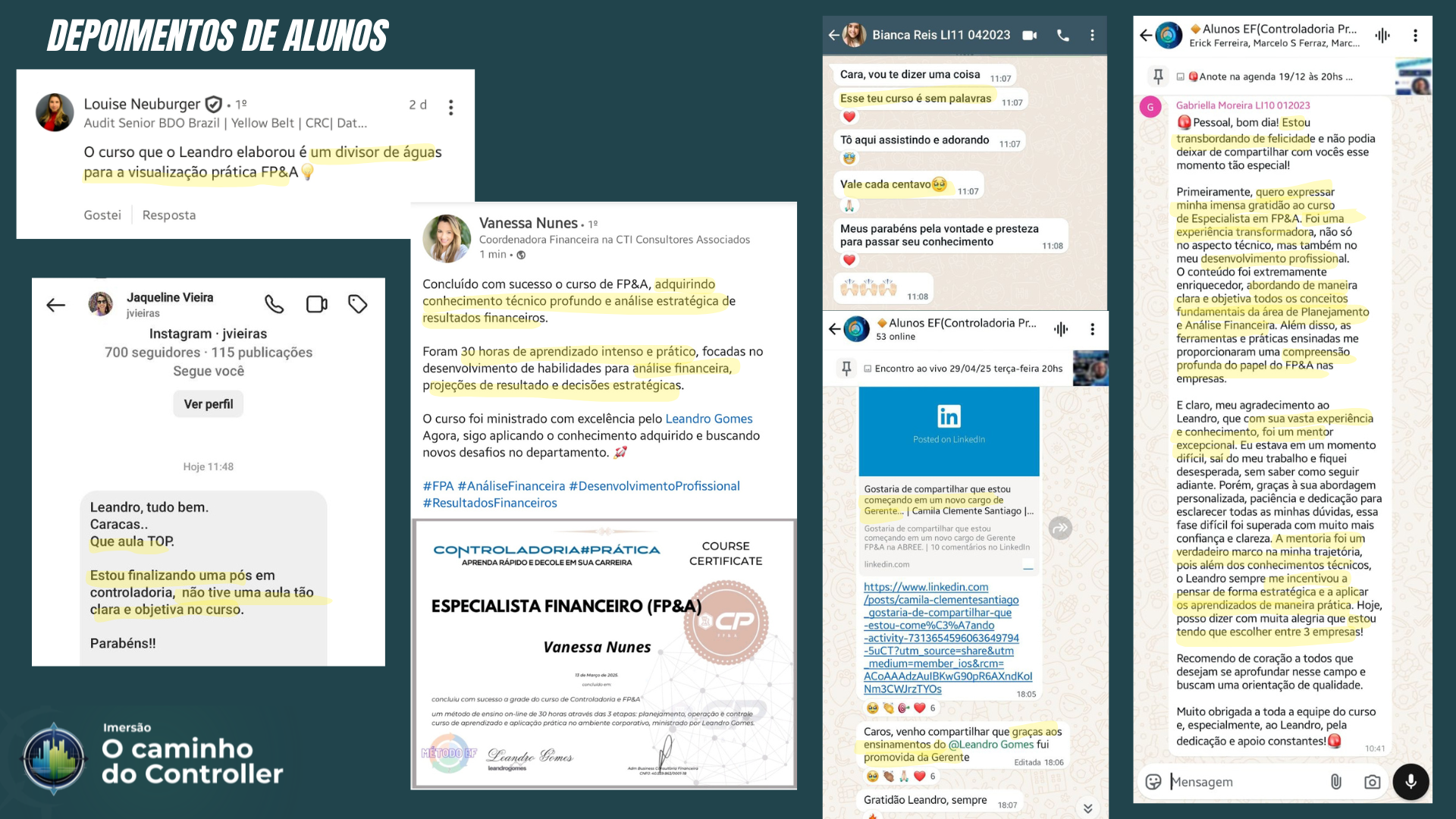 Depoimentos de alunas no LinkedIn, Instagram e WhatsApp
