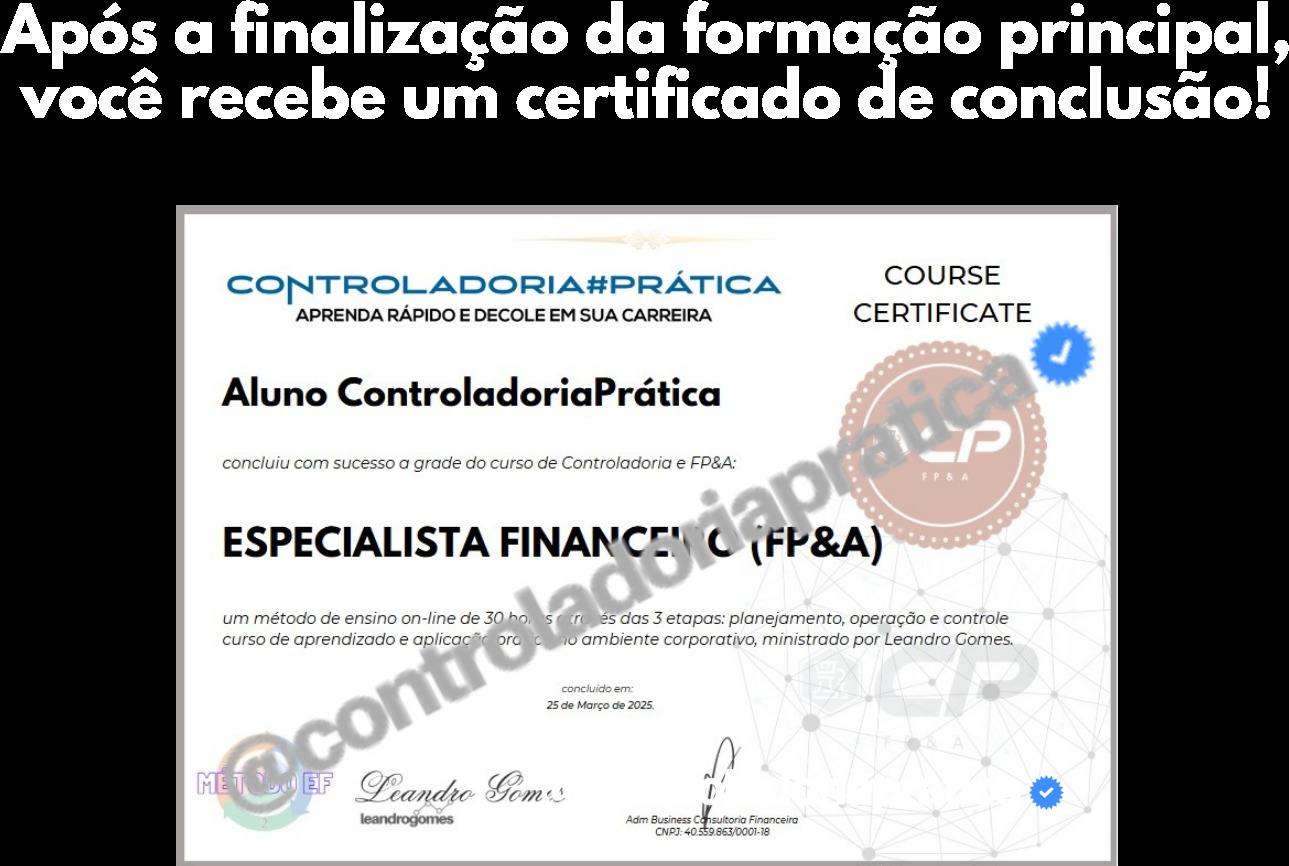 Exemplo do certificado do curso Especialista Financeiro (FP&A) da Controladoria Prática